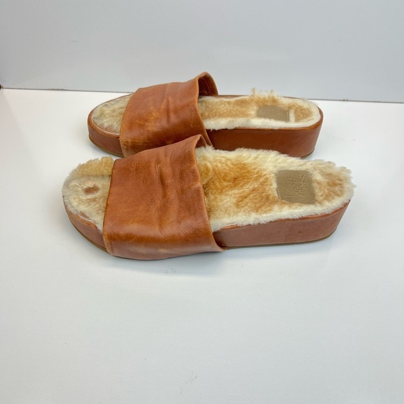 Beek Leather Women Size 9 Pelican Shearling Platform Slides Cognac Wool Leather - Picture 9 of 12